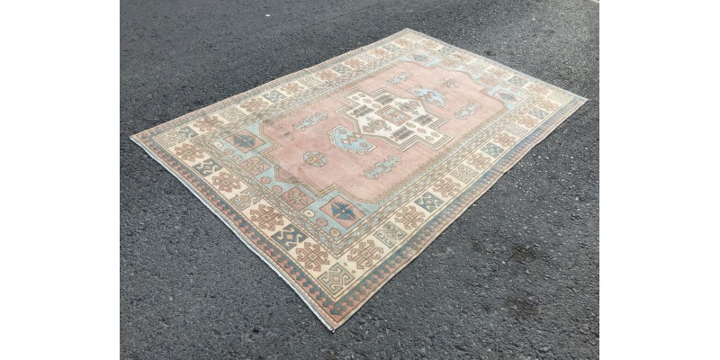 5x8 retro bedroom rug, pastel red beige blue rug, geometric rug, kitchen rug, 4'10 X 7'7 Handmade rug