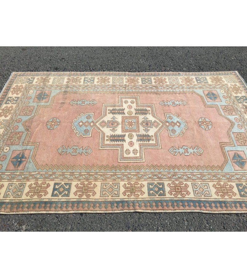 5x8 retro bedroom rug, pastel red beige blue rug, geometric rug, kitchen rug, 4'10 X 7'7 Handmade rug