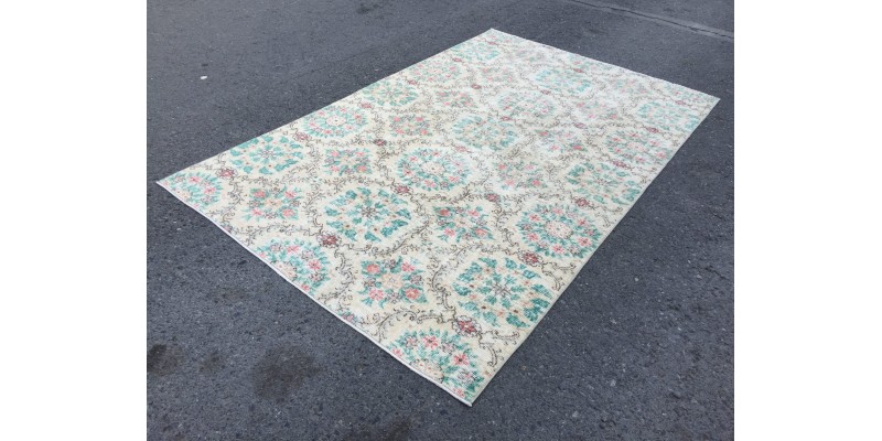 5x8 beige green kitchen rug, Turkish retro rug, Handmade rug , 5'5 X 8'4 wool rug