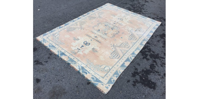 5x7 geometric Oushak rug, hand knotted rug ,70s rug , Repaired 4'10 X 6'9 rug for living room