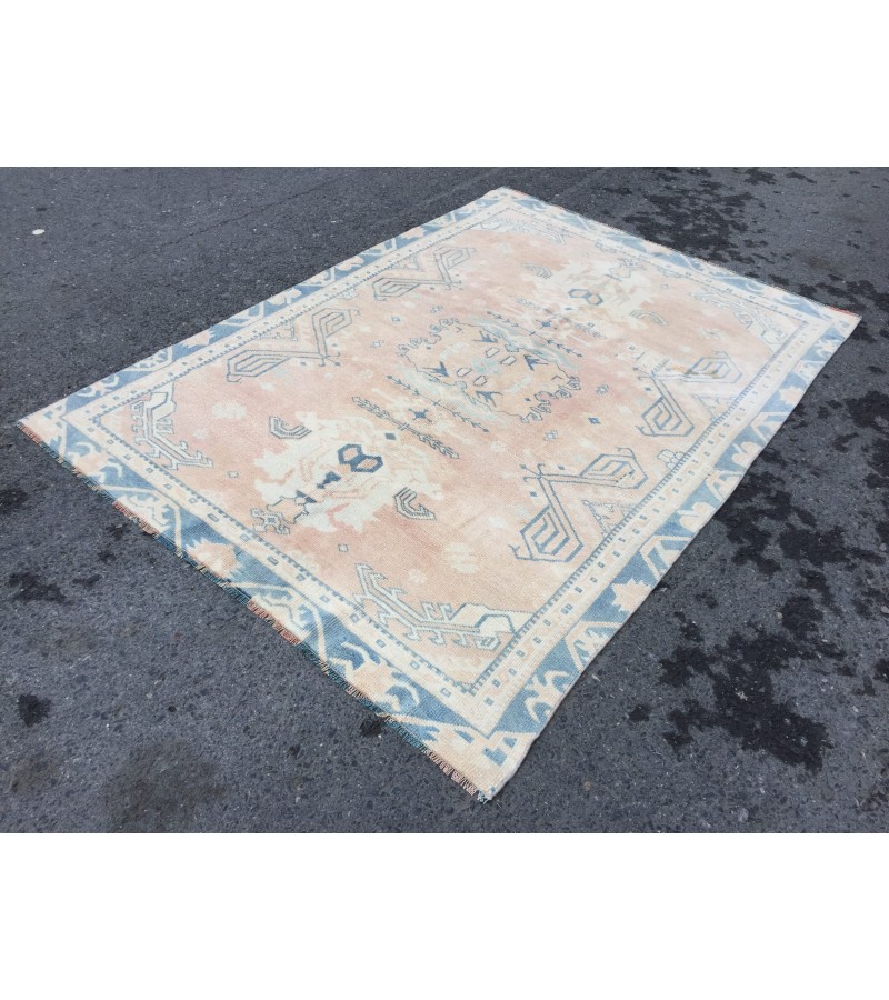 5x7 geometric Oushak rug, hand knotted rug ,70s rug , Repaired 4'10 X 6'9 rug for living room