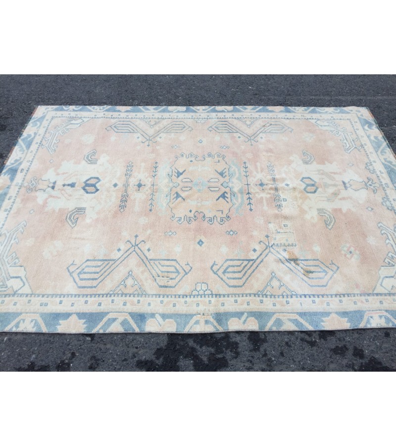 5x7 geometric Oushak rug, hand knotted rug ,70s rug , Repaired 4'10 X 6'9 rug for living room