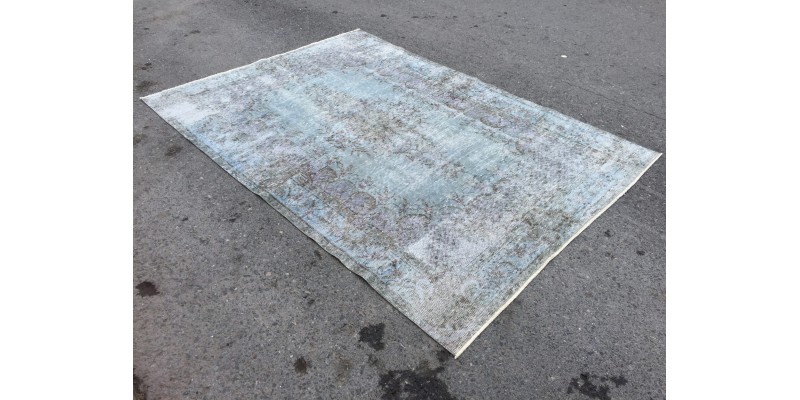 6x9 blue wool rug , hand knotted turkish rug , muted color rug , faded kitchen rug , 5'10x8'5 distressed bedroom rug , 176x255