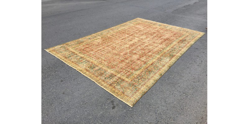 8x11 boho living room rug, distressed red yellow rug, 7'9 X 11'5 vintage area rug
