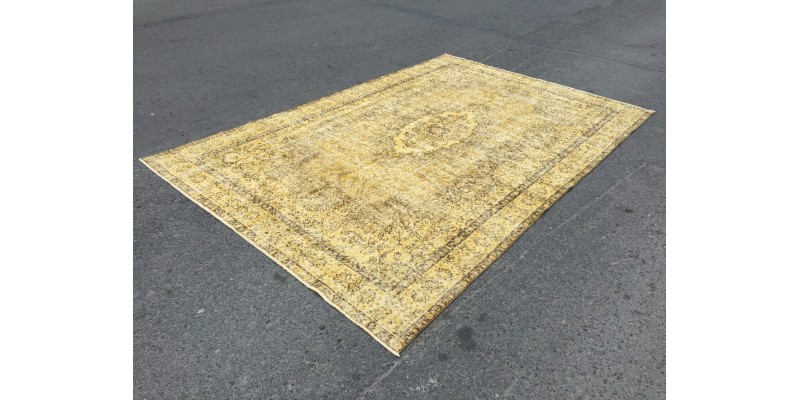 6x10 rustic dining room rug, faded yellow green brown rug, 6'4 X 9'7 retro rug