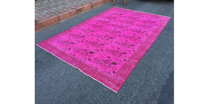 6x9 oriental handmade area rug, Turkish pink rug, 6'2 X 9'5 retro rug