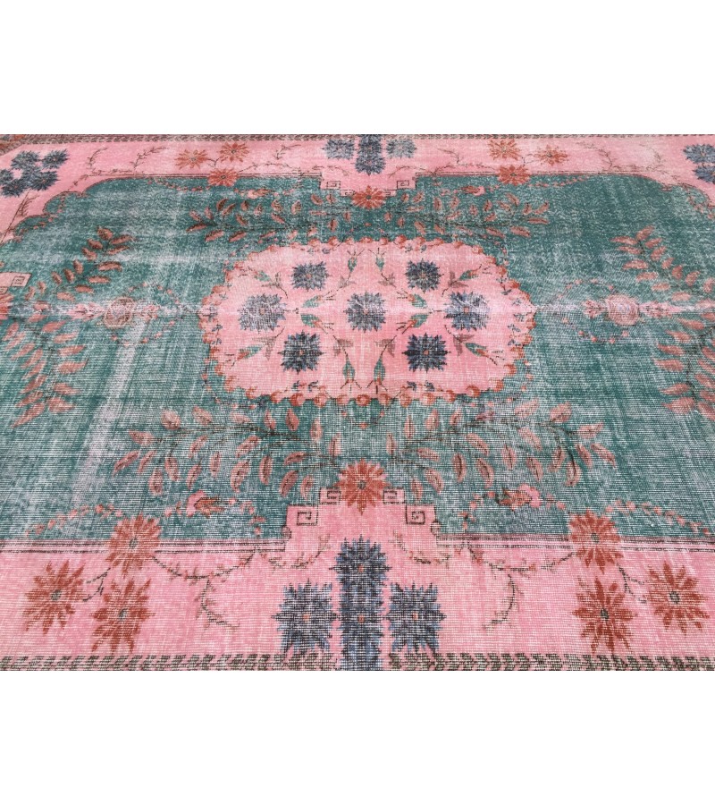 7x10 rug for living room, hand woven rug, , 7'1 X 9'11 Turkish green pink orange area rug