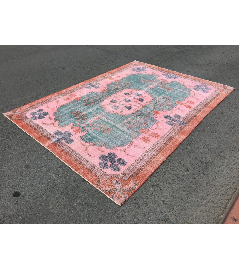 7x10 rug for living room, hand woven rug, , 7'1 X 9'11 Turkish green pink orange area rug