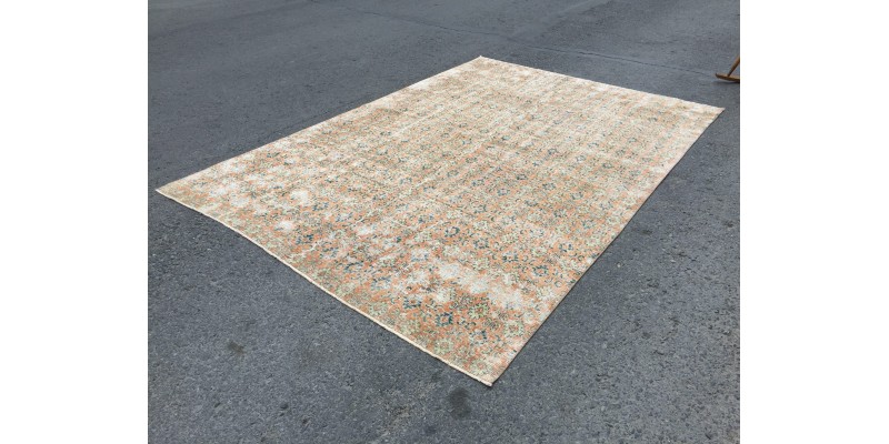 7x10 minimal orange green rug, Vintage rug, 6'8 X 9'7 Bedroom rug, rustic rug