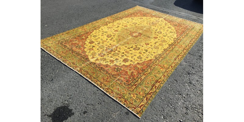7x10 bohemian rug, oriental rug, yellow red rug, 6'8 X 10'2, Handmade vintage rug