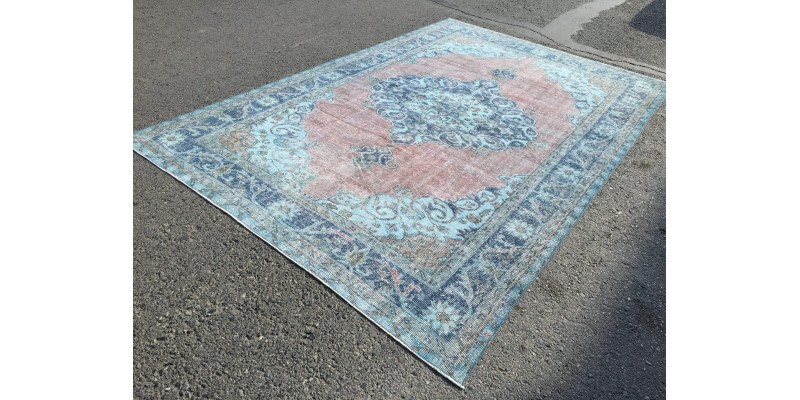 oushak rug 7x10, red blue handmade vintage turkish area rug, 6'7 X 9'10 wool rug