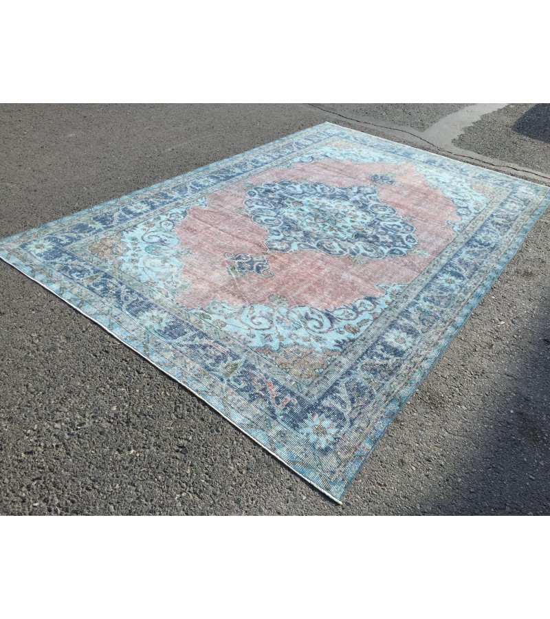 oushak rug 7x10, red blue handmade vintage turkish area rug, 6'7 X 9'10 wool rug