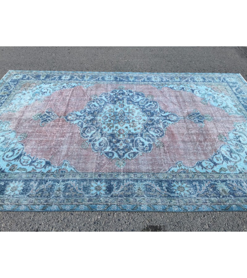 oushak rug 7x10, red blue handmade vintage turkish area rug, 6'7 X 9'10 wool rug