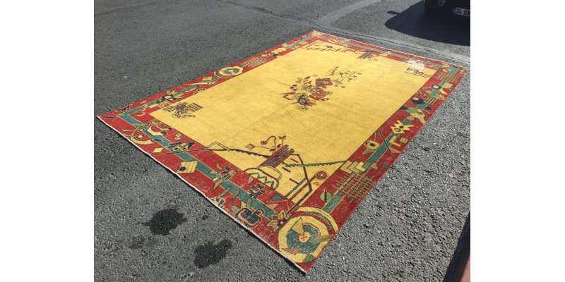 7x11 abstract unqiue rug, yellow red rug, Living room Rug , 7'3 X 11'2 Handmade Rug , Woven Rug