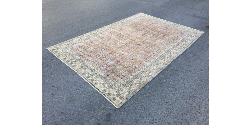 7x9 living room rug, vintage Turkish rug, red beige rug, 6'6 X 9'2 Handmade rug