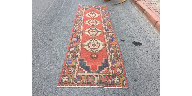 3x9 Turkish corridor rug, wool red runner , 2'10 X 9'1 Handmade Runner