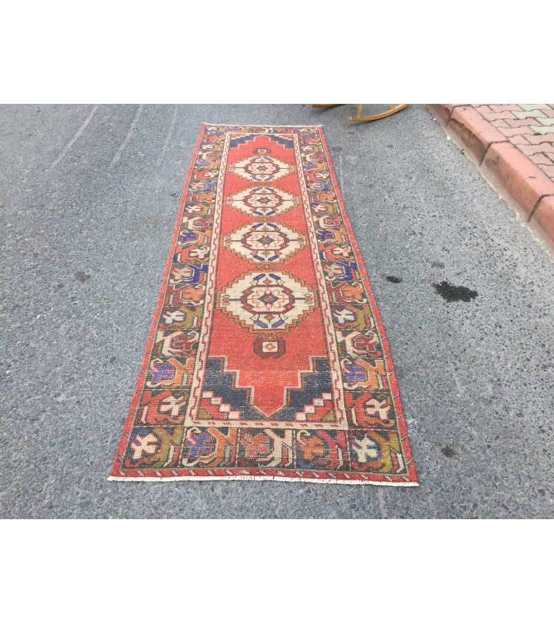 3x9 Turkish corridor rug, wool red runner , 2'10 X 9'1 Handmade Runner