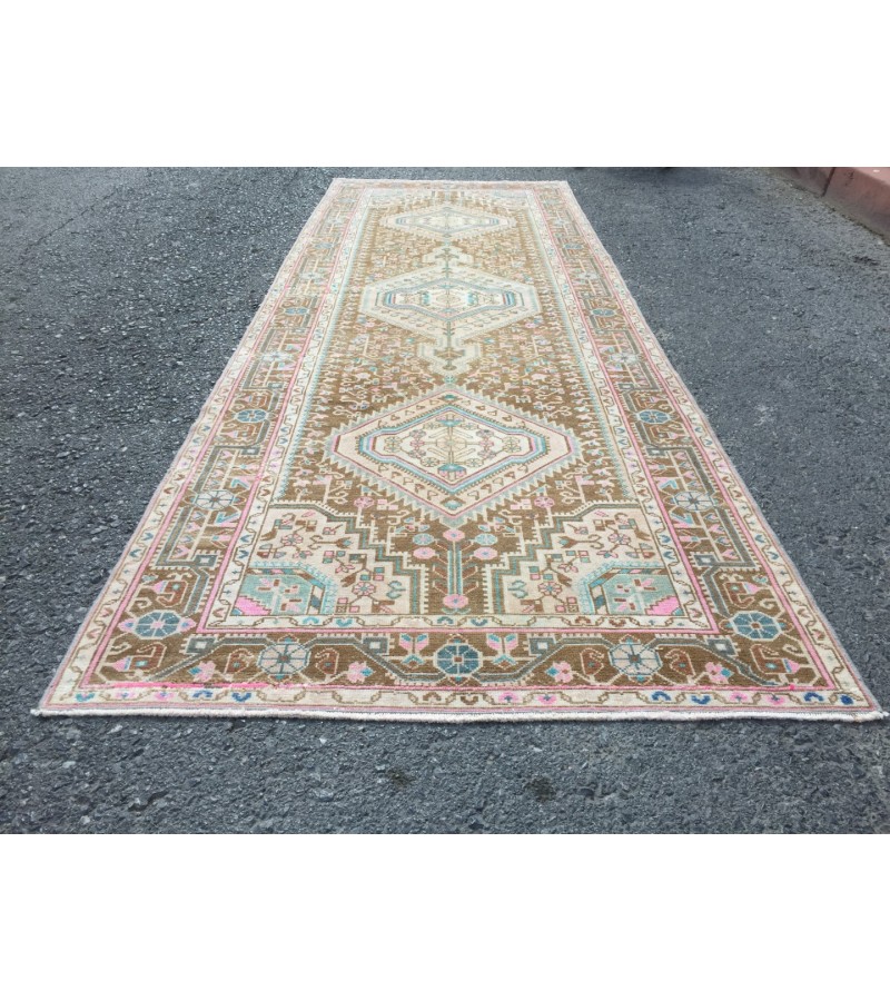 Wonderfull woven runner 3.5x10 ,brown pink Runner rug , turkish oushak runner , 3'5 X 10' vintage long rug