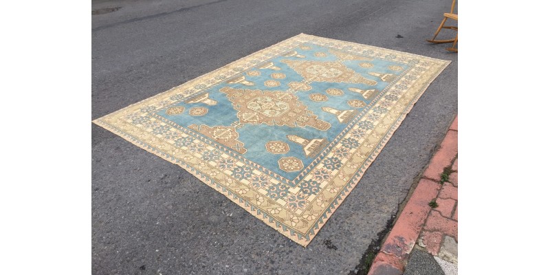 7x11 home decor rug, Geometric Area Rug , blue beige rug , 7'5 X 11'3 Handmade vintage rug