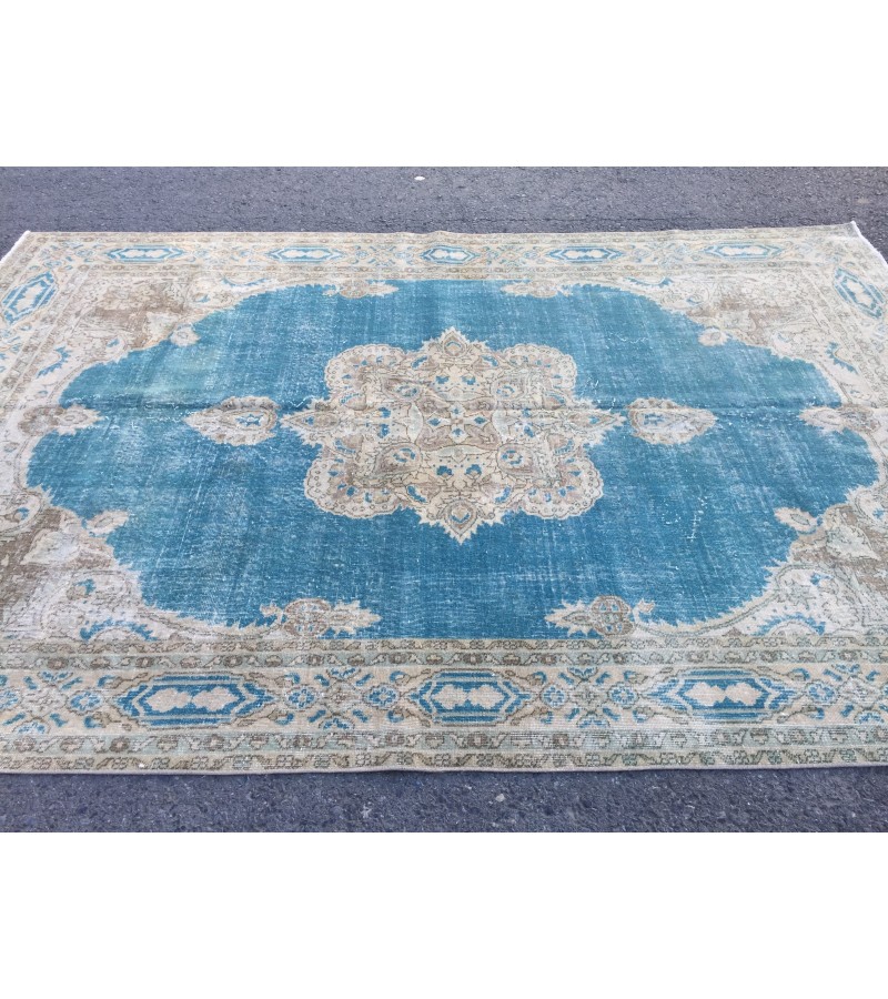 7x10 blue beige rug, rug for living room , Turkish rug, Oriental rug, 6'10 X 10'1 Handmade rug ,distressed rug