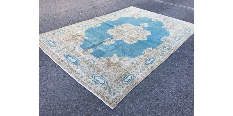 7x10 blue beige rug, rug for living room , Turkish rug, Oriental rug, 6'10 X 10'1 Handmade rug ,distressed rug 