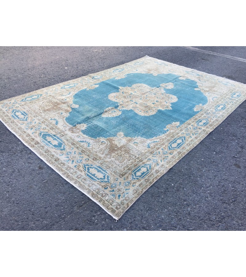 7x10 blue beige rug, rug for living room , Turkish rug, Oriental rug, 6'10 X 10'1 Handmade rug ,distressed rug