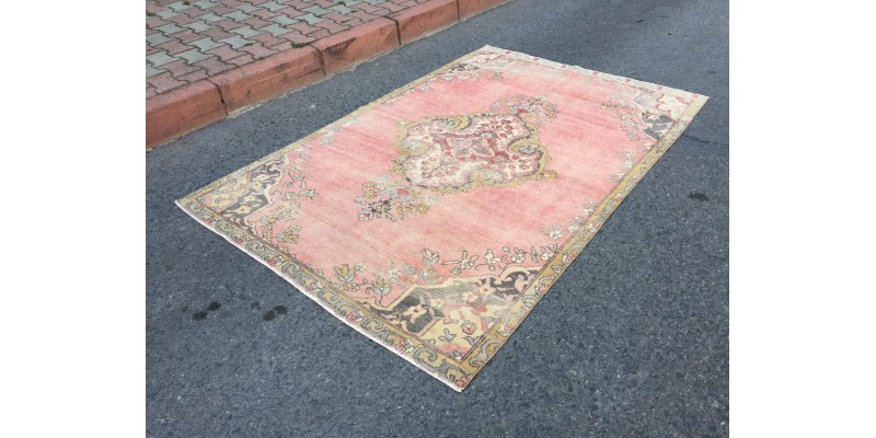 5x7 pastel red beige woven rug, dining room rug, Handmade Turkish Rug , 4'9 X 7'5 Vintage Rug