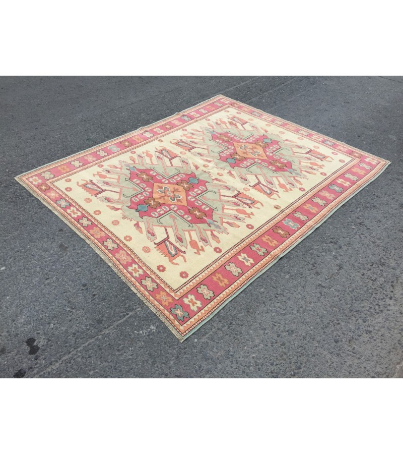 6x7 abstract area rug, beige pink rug, 5'9 X 7'1 bedroom rug, rug, geometric wool rug