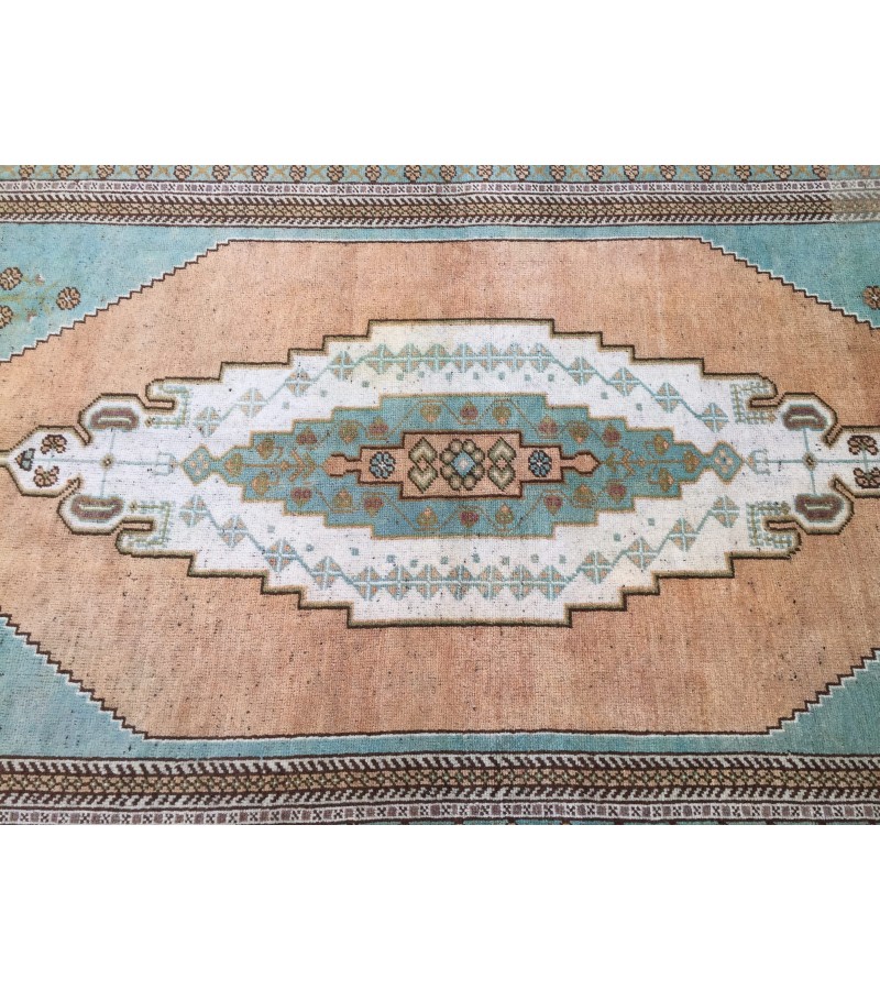 5x10 vintage Turkish rug, hand woven rug, pastel orange teal rug, 4'7 x 9'6 area rug