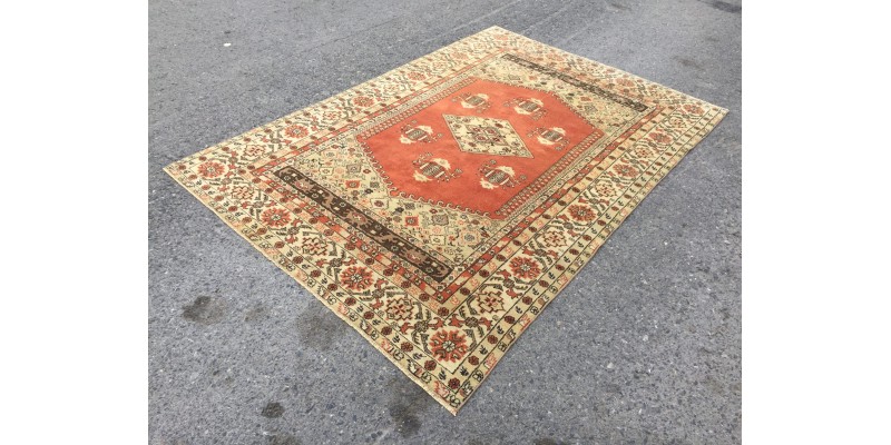 5x7 wool woven rug, geometric vintage rug , Turkish rug , handmade rug, 5'1 X 7'4 red beige rug