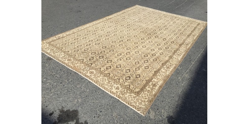 Muted Hand Knotted wool Rug 7x10 , Vintage Turkish Rug ,6'11 X 10'3 handmade Beige rug