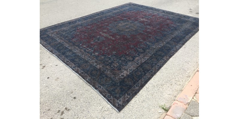 10x13 retro handmade rug, dark red blue rug, rug for living room, 9'7 X 12'6 Area Rug