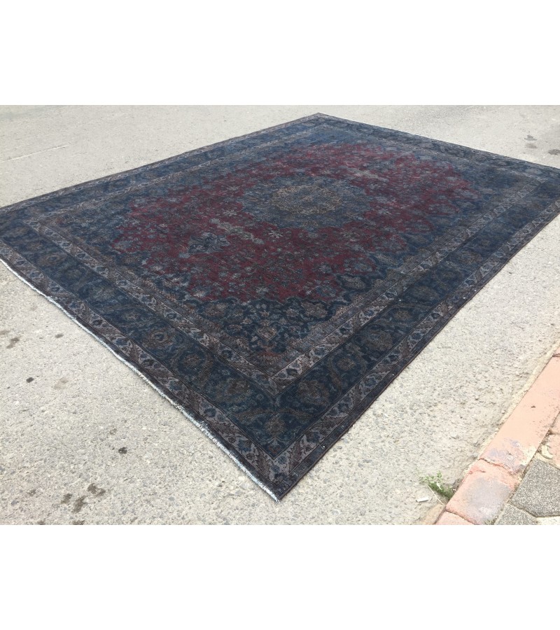 10x13 retro handmade rug, dark red blue rug, rug for living room, 9'7 X 12'6 Area Rug