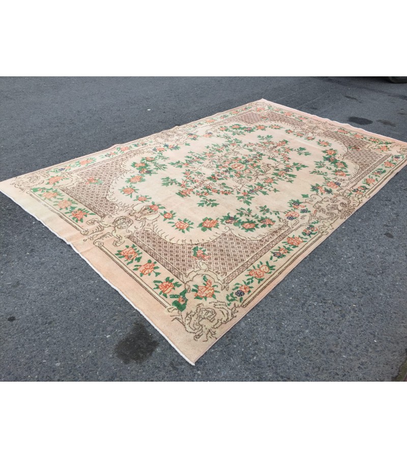 7x11 floral Handmade Area rug , Vintage Rug , 6'10 X 10'9 Farmhouse Retro rug ,beige green Nomadic rug