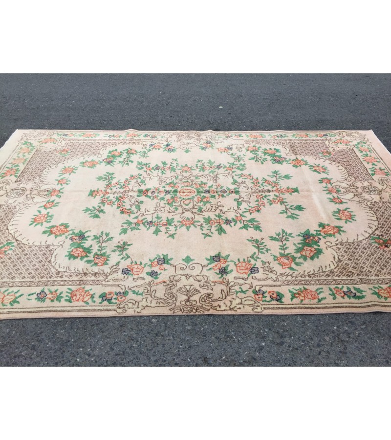7x11 floral Handmade Area rug , Vintage Rug , 6'10 X 10'9 Farmhouse Retro rug ,beige green Nomadic rug