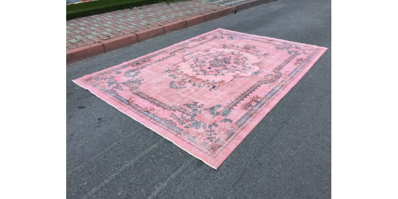 7x11 floral pink vintage Living room rug, retro rug, 7'5 X 10'8 handmade rug