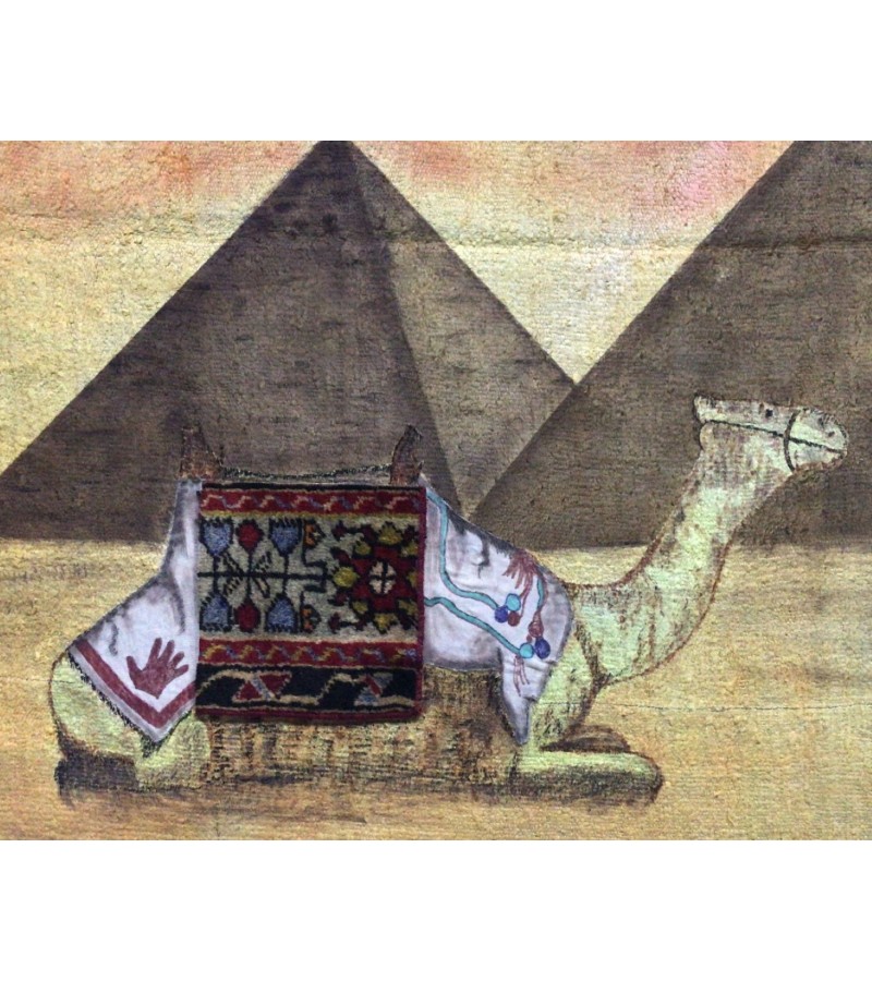 Great Pyramids of Giza, in the foreground a traditionally decorated camel
