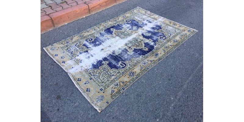 4x6 distressed Turkish rug , bedroom rug, 4' X 6'2 Blue Beige Handmade vintage rug