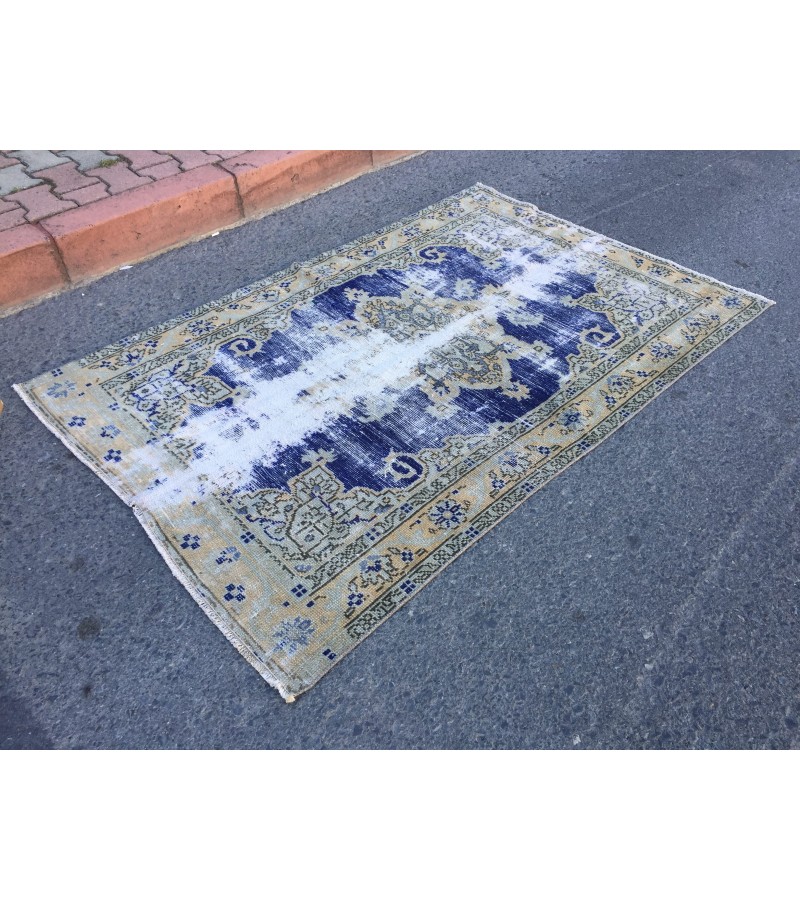 4x6 distressed Turkish rug , bedroom rug, 4' X 6'2 Blue Beige Handmade vintage rug