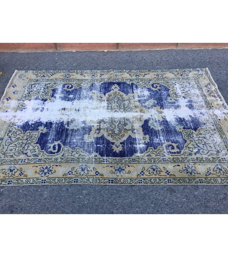 4x6 distressed Turkish rug , bedroom rug, 4' X 6'2 Blue Beige Handmade vintage rug