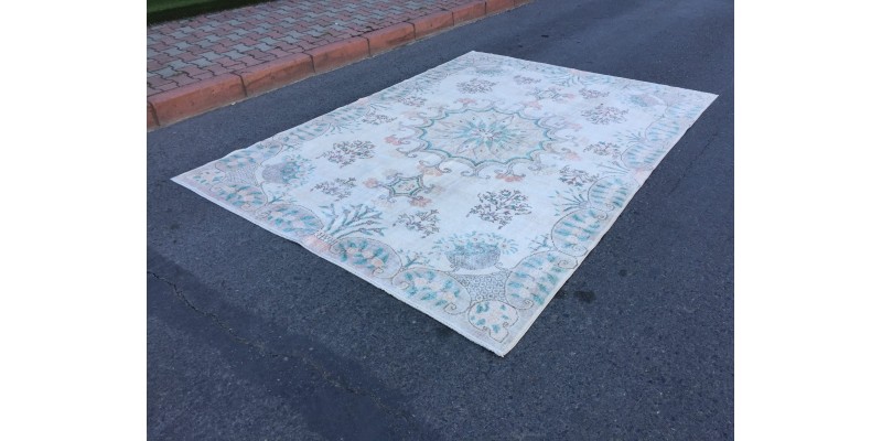 7x10 Abstract Area Rug , Woven Wool Rug , 6'11 X 10'1 Beige Blue Rug